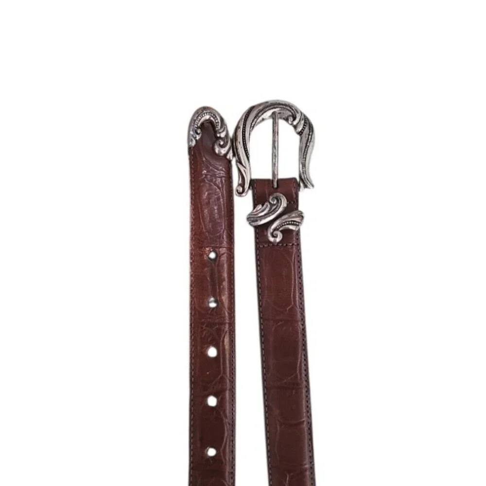 Brighton Vintage Leather Belt Women’s M Brown Silver Scroll Buckle Western USA